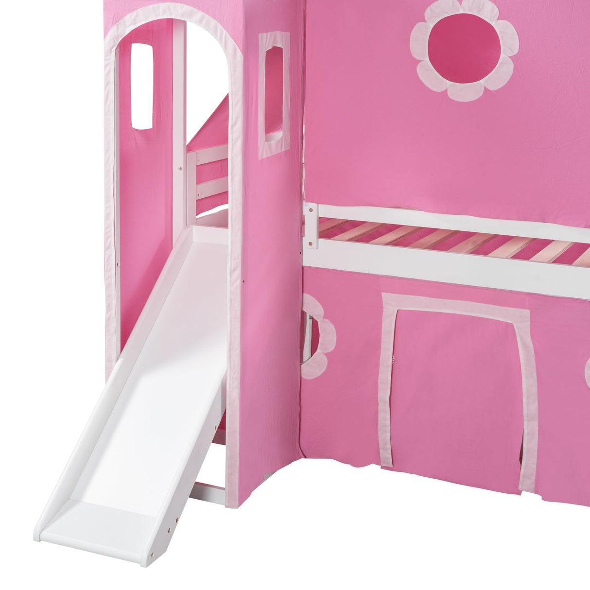 Polibi Twin Size Castle Loft Bed with Slide & Pink Tent and Tower, Playhouse Design Spacious Under Bed Space with Curtains, Wood Tent Bed Frame for Kids Boys Girls Polibi