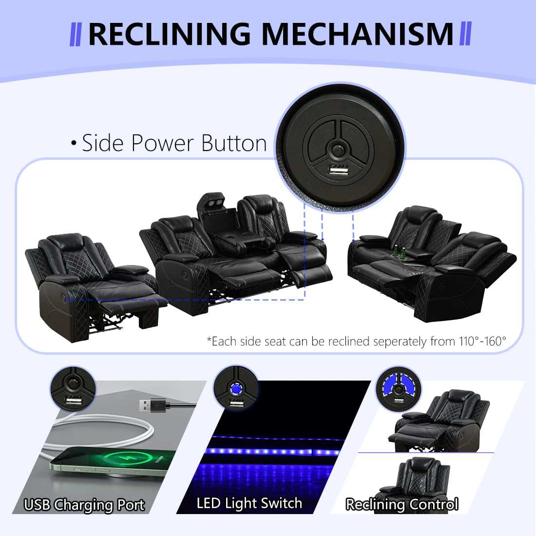 Anthato Black Leather Power Recliner Set with LED Lights, 3-Piece Recliner Sofa Loveseat Chair with Coffee Table/Storage/Charging Port, Modern Reclining Furniture for Living Room/Home Theater/Office Anthato