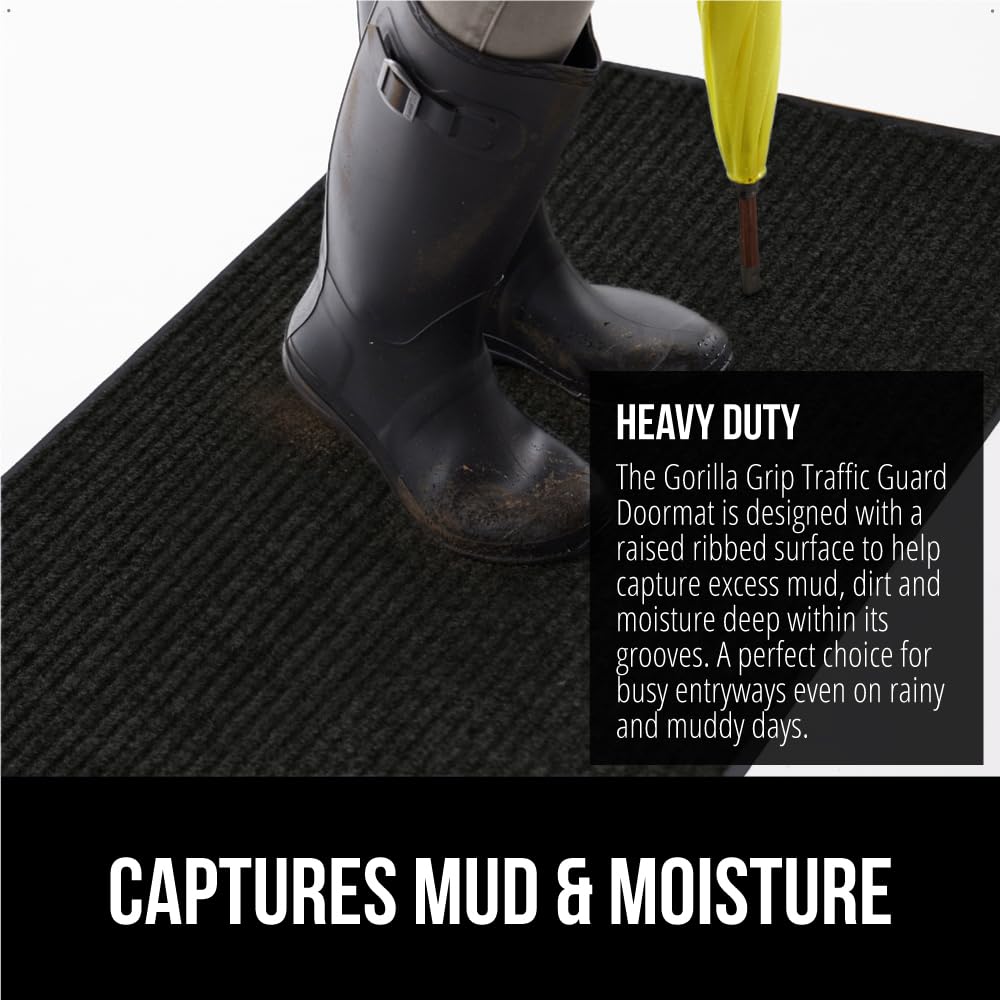 Gorilla Grip Waterproof Heavy Duty Traffic Guard Doormat, Stain and Fade Resistant, Durable Rubber, Low Profile Door Mat, Shoe Scraper, Welcome Mats for Entry, 29x17, Jet Black Gorilla Grip