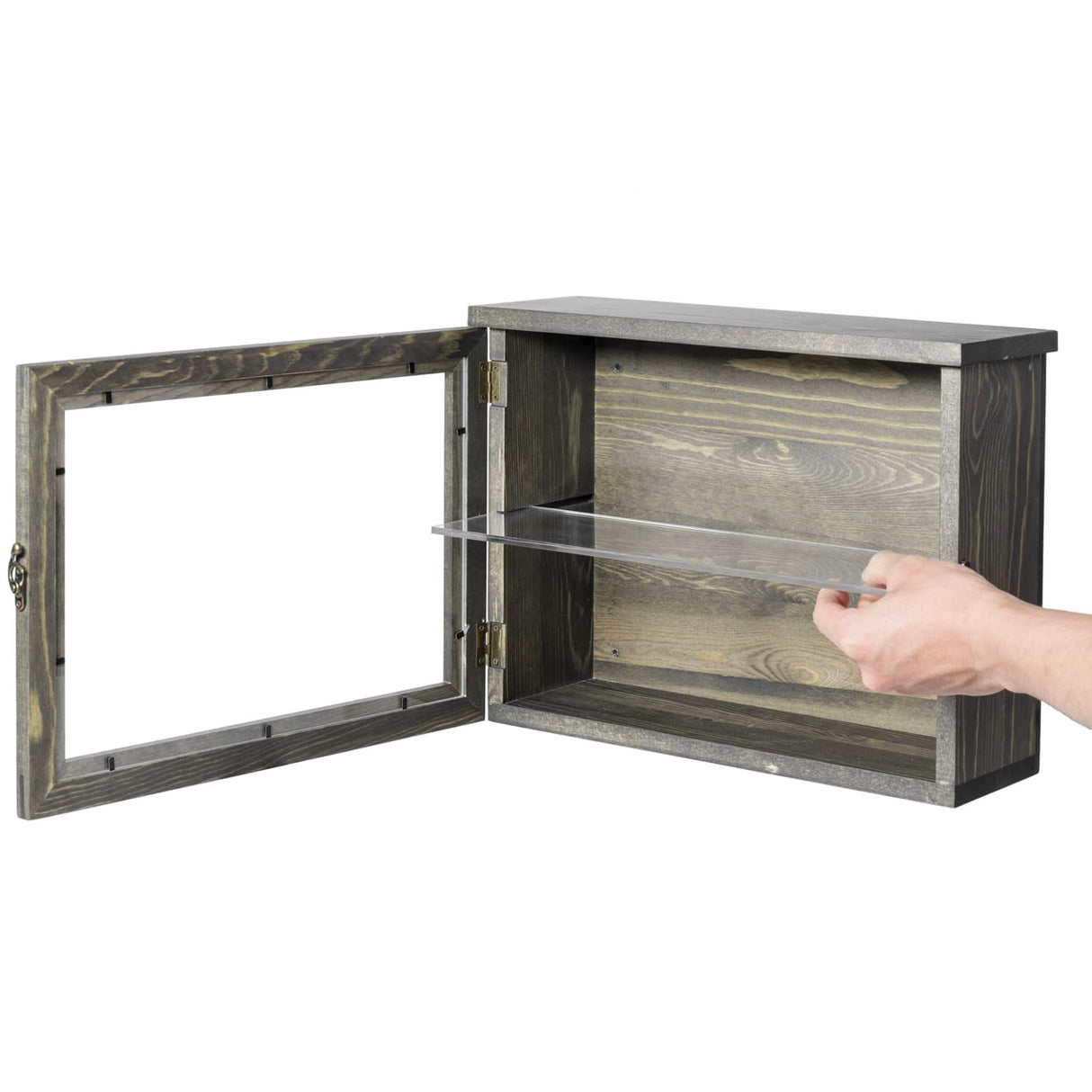 MyGift 15 x 11 inch Wall Mounted Vintage Gray Solid Wood Display Case, Hanging Shadow Box with Clear Viewing Panel on Hinged Door, Metal Latch and MyGift