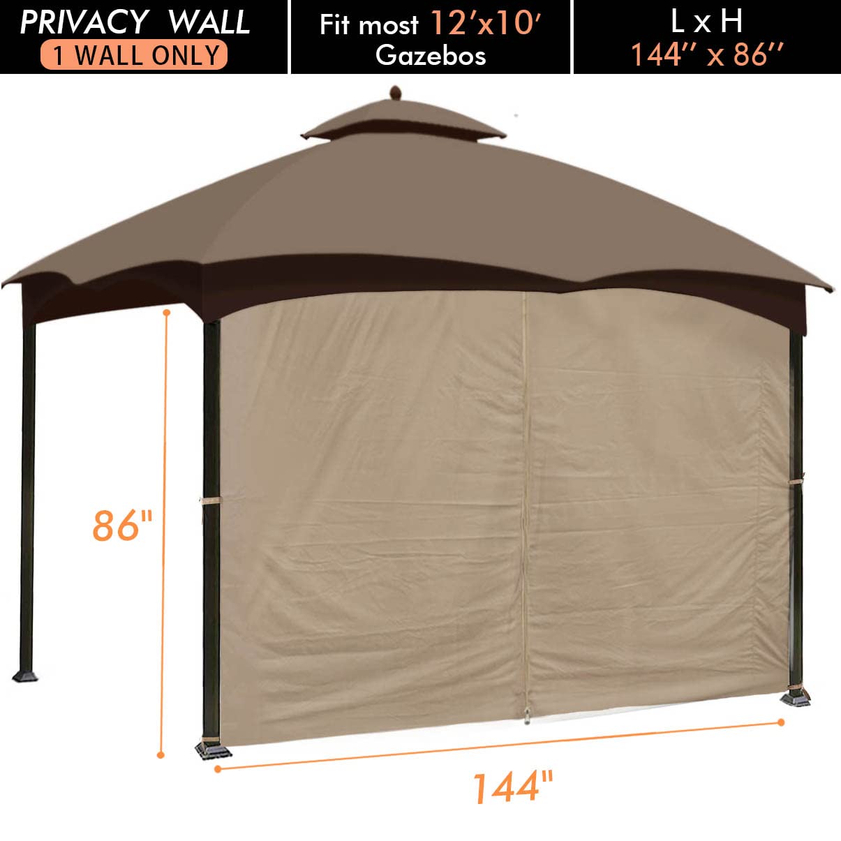 Ontheway Gazebo Replacement Privacy Curtain, 12ft Sidewall with Zipper Outdoor Universal Privacy Panel Sidewall (One Side Only) ontheway