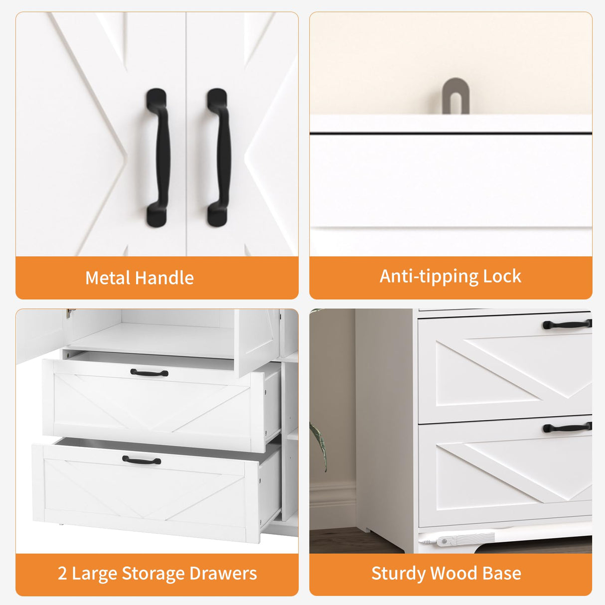 Hosnnile 72'' Armoire Wardrobe Closet with Mirror Door & Light, Farmhouse Bedroom Clothes Cabinet with 4 Doorrs + Hanging Rod + 2 Drawers, Wooden Wardrobe Cabinet with Adjustable Shelf for Bedroom Hosnnile