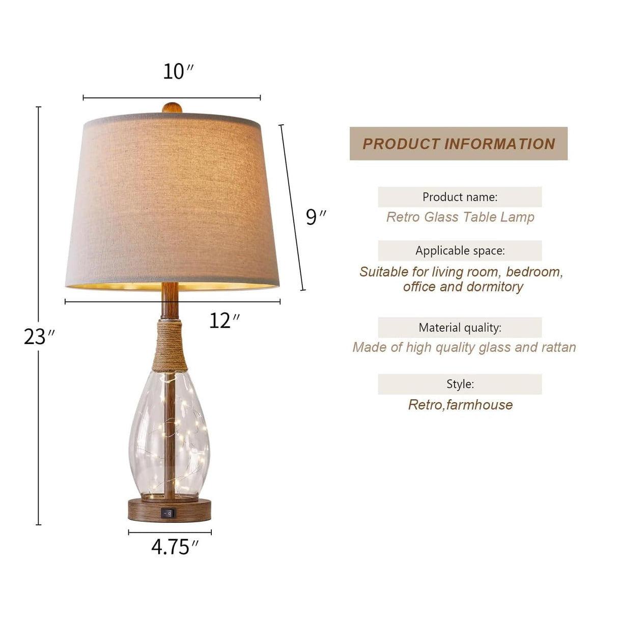 OYEARS 23" USB A+C Table Lamp Sets of 2 Modern Bedside Lamps Retro Farmhouse Rattan Glass Nightstand Nightlight Lamps for Bedroom Living Room Dorm OYEARS