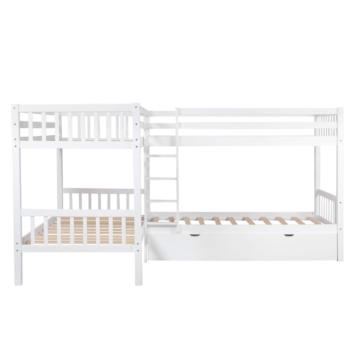 L-Shaped Bunk Bed with Drawers, Bunk Bed for 4 Twin Over Twin for Kids/Teen Wood Quad Bunk Beds Frame, White Bellemave