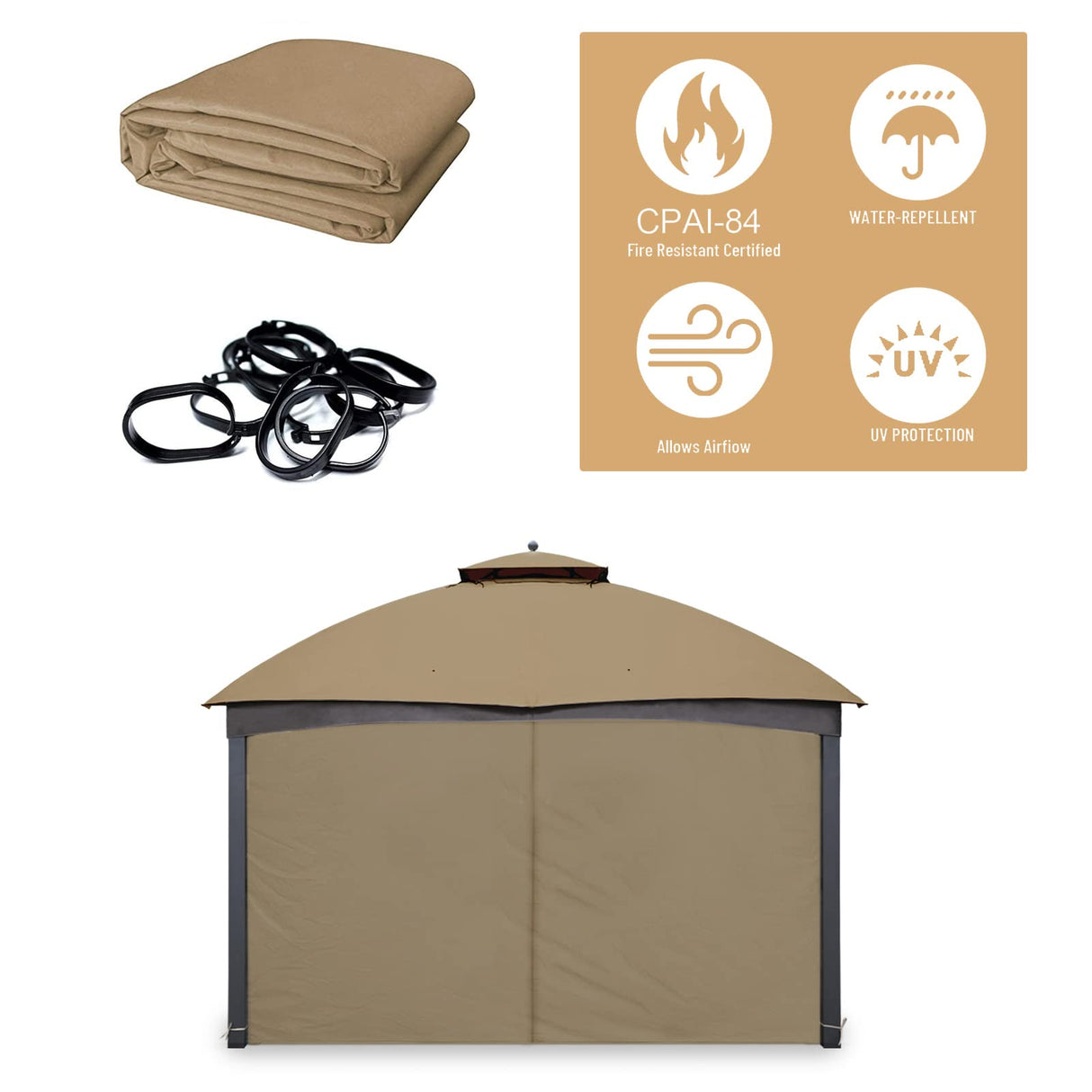 Tanxianzhe Gazebo Replacement Privacy Curtain with Zipper Outdoor Universal Privacy Panel Sidewall for 10' x 10' Gazebo (Khaki) Tanxianzhe