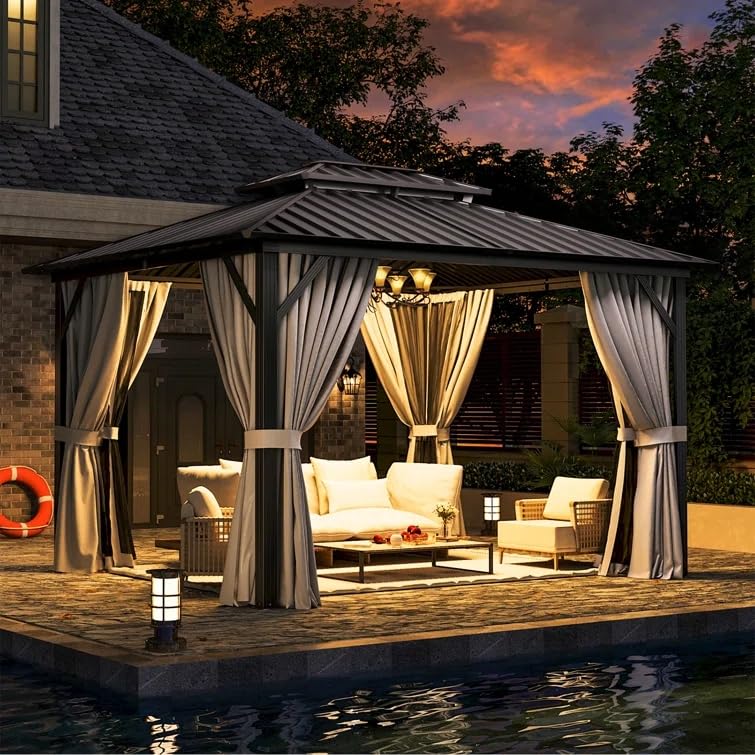 Jolydale Hardtop Gazebo 10X12ft, Outdoor Aluminum Gazebo with Galvanized Steel Double Roof, Permanent Metal Pavilion with Netting, Curtains Jolydale