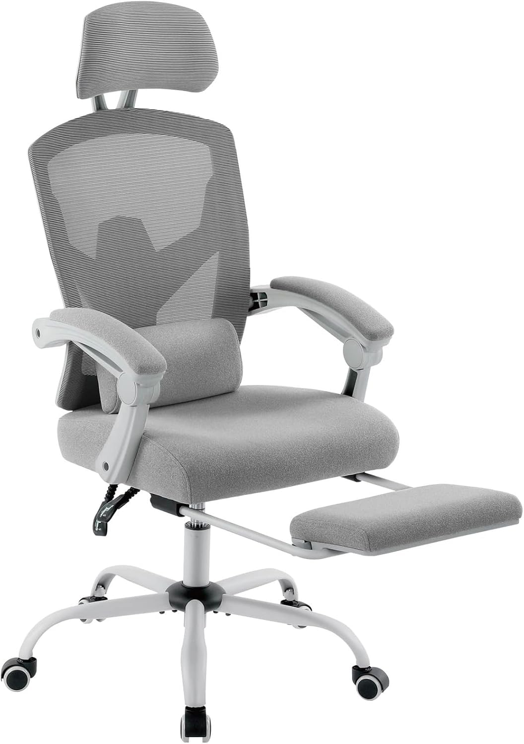 DUMOS Home Office Desk Chair with Footrest, High-Back Mesh Rolling Swivel Reclining Chairs with Wheels, Comfortable Headrest, Lumbar Support, Comfy Arms for Home, Office, Gaming, Student, Grey DUMOS