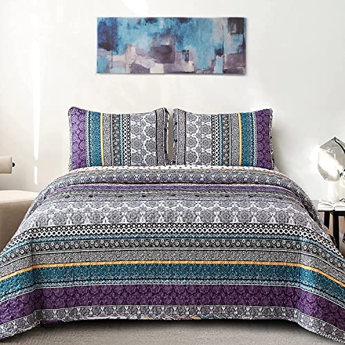 WONGS BEDDING Boho Quilt Set Twin Size, Purple Bohemian 2 Pieces Quilt Sets, Lightweight Bedspread Coverlet Bedding Set for All Season (86"x68") WONGS BEDDING