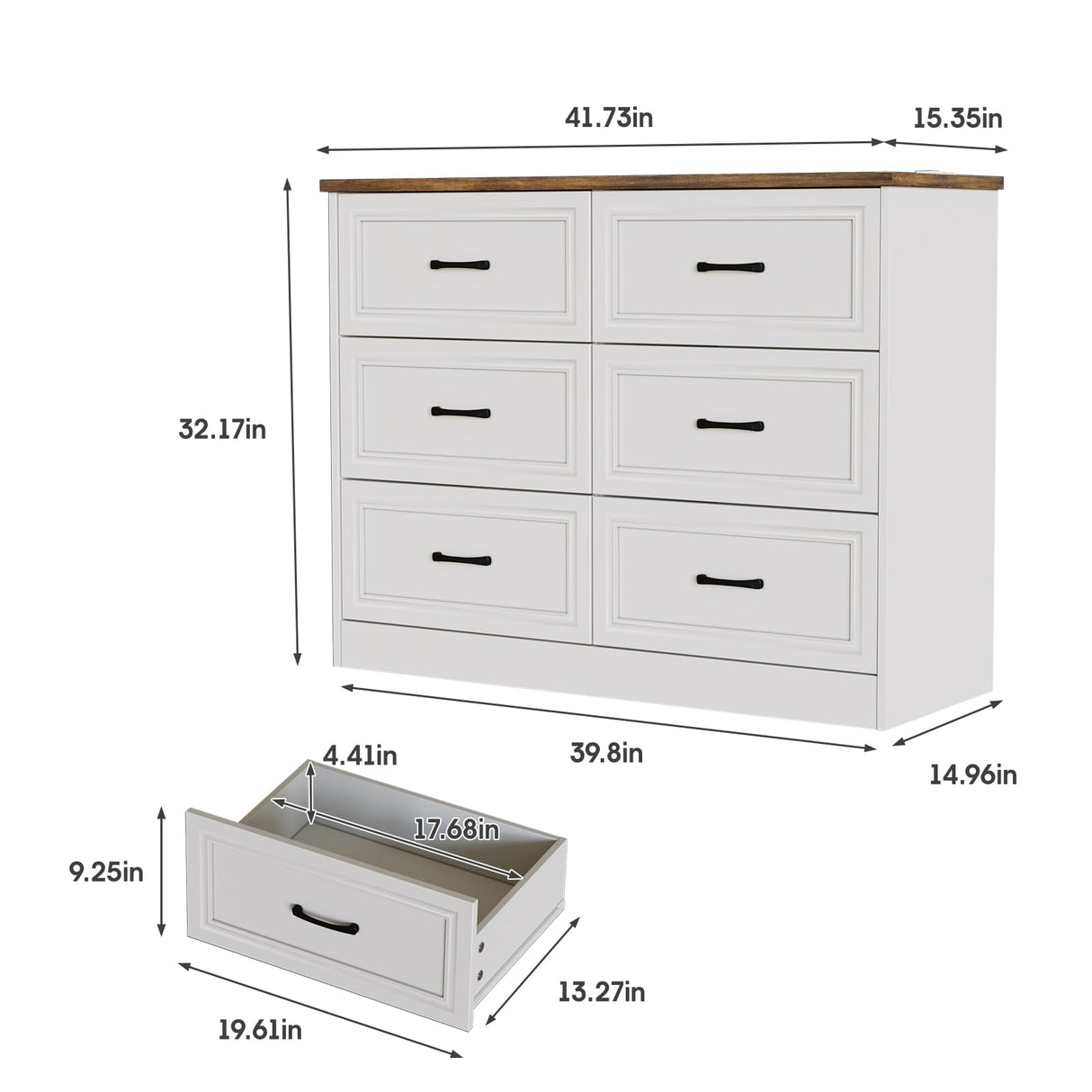 Fameill Dresser for Bedroom, 6 Drawer Wide Dresser Organizer with Charging Station, Tall Dresser for Hallway, Wood Dresser with Metal Handles, Farmhouse Fameill