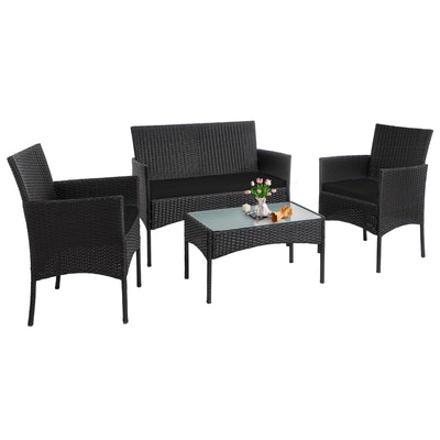 PROHIKER 4 Piece Outdoor Wicker Patio Conversation Furniture Set, Rattan Chair Wicker Sofa Garden Conversation Sets with Cushion and Glass Table for Yard Pool or Backyard, Black/Black