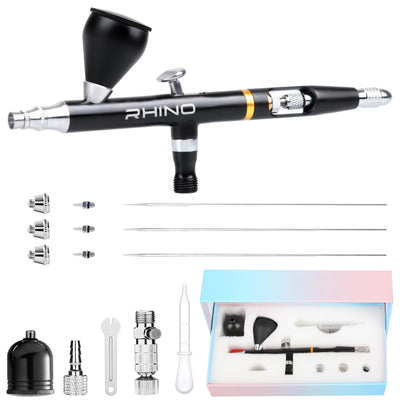 Rhinowisdom Airbrush Kit - Airbrush Gun Set Dual-Action Gravity Feed with 0.35, 0.4 & 0.5mm Needle Sets - Air Brush Set with 2 1/3 oz Replacement Cups for Nails Model Painting Cake Tattoo Makeup