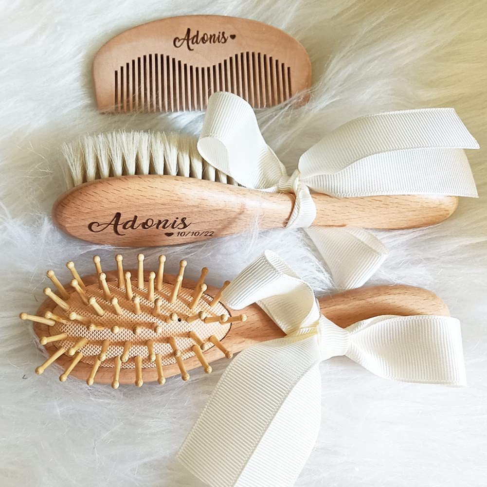 3Pcs Personalized Wooden Baby Hair Brush and Comb Bristles,Custom Newborn Baby Soft Hair Baby Gift auysolty