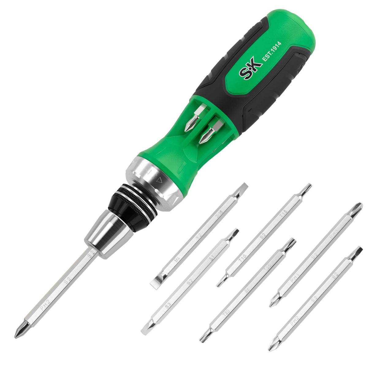 SK 12-in-1 Ratcheting Screwdriver, 216-P, Multi-bit Driver with Quick-Load Mechanism, S2 Steel, with Phillips, Slotted, Star, Square Bits Stored in Handle SK