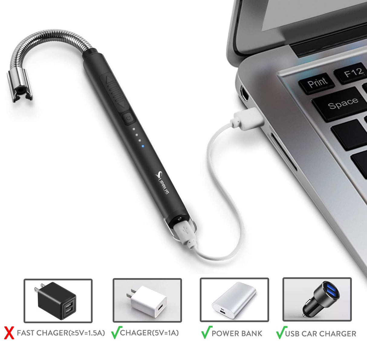 SUPRUS Electric Candle Lighter USB Type C Rechargeable Lighter Steel Shell & Hanging Hook with 360° Flexible Neck (Black) SUPRUS