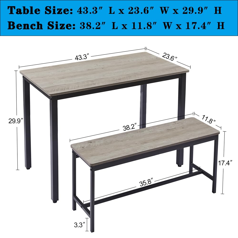 HomJoones 43.3in 3-Piece Bench Style Dining Furniture Set, 4-Person Space-Saving Dinette for Kitchen, Dining Room w/ 2 Benches, Table (Grey) HomJoones