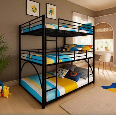 PVWIIK Full Triple Bunk Bed with Ladder for 3 Kids/Teen/Adults Bedroom,Full Over Full Over Full Heavy Duty Metal Bunk Bed for Girls & Boys,No Box Spring Needed,Black