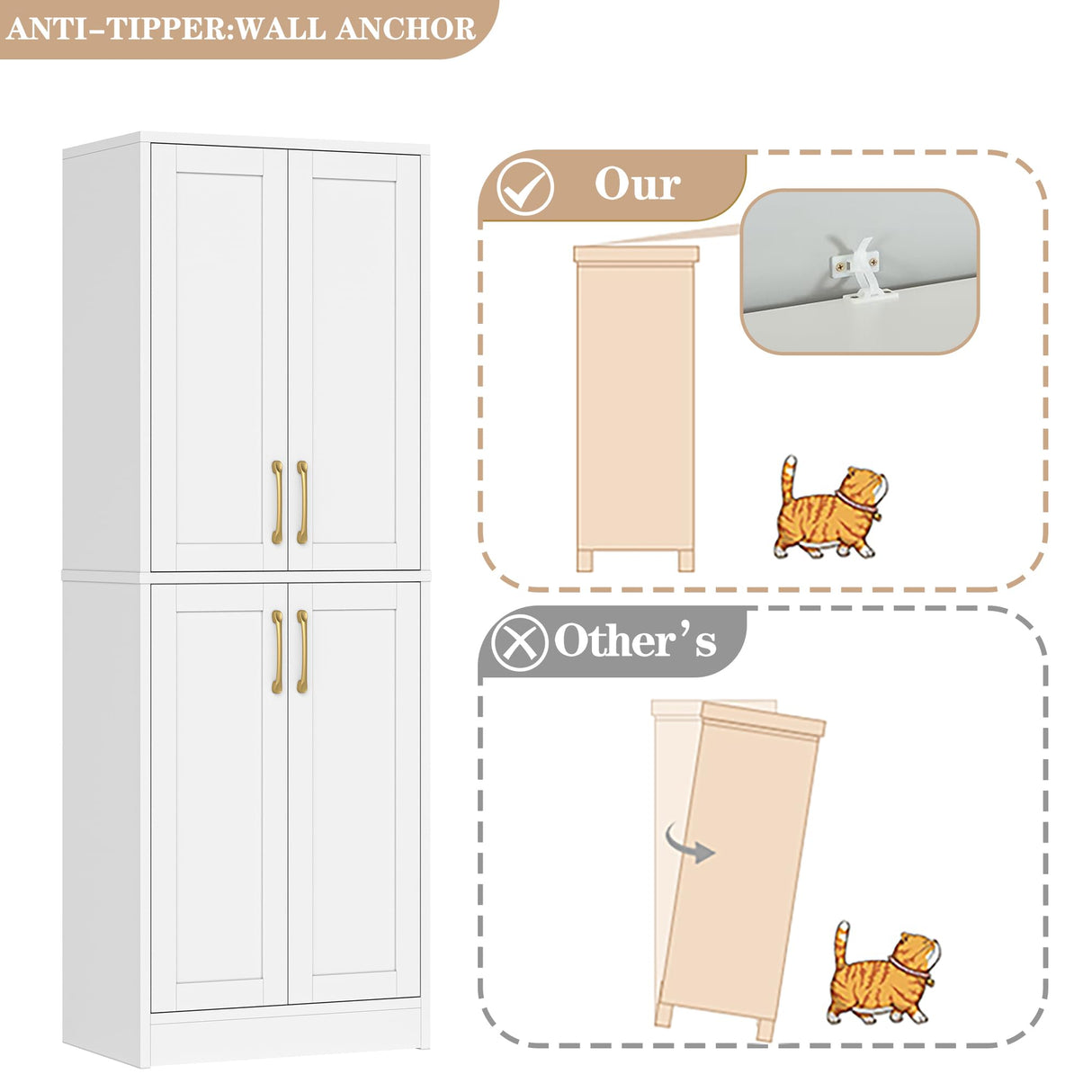 Homzbesy Pantry - Kitchen Pantry Cabinet with 4 Doors and Adjustable Shelves, Tall White Cabinet Freestanding Storage Cupboard for Dining Room Living Room, Laundry, Bathroom Homzbesy