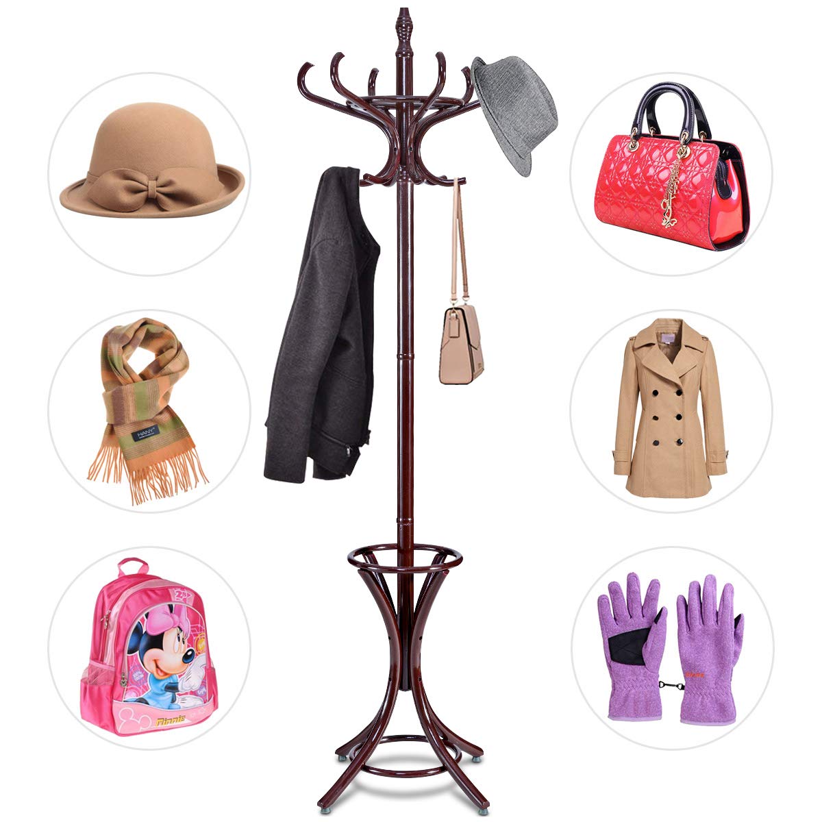 GOFLAME 73" Coat Rack Freestanding, Wooden Coat Tree with 12 Hooks and Umbrella Stand, Entryway Hall Tree, Hat Hanger Organizer, Coat Rack Stand for Coats, Hats, Scarves, Bags, Easy Assembly, Brown GOFLAME