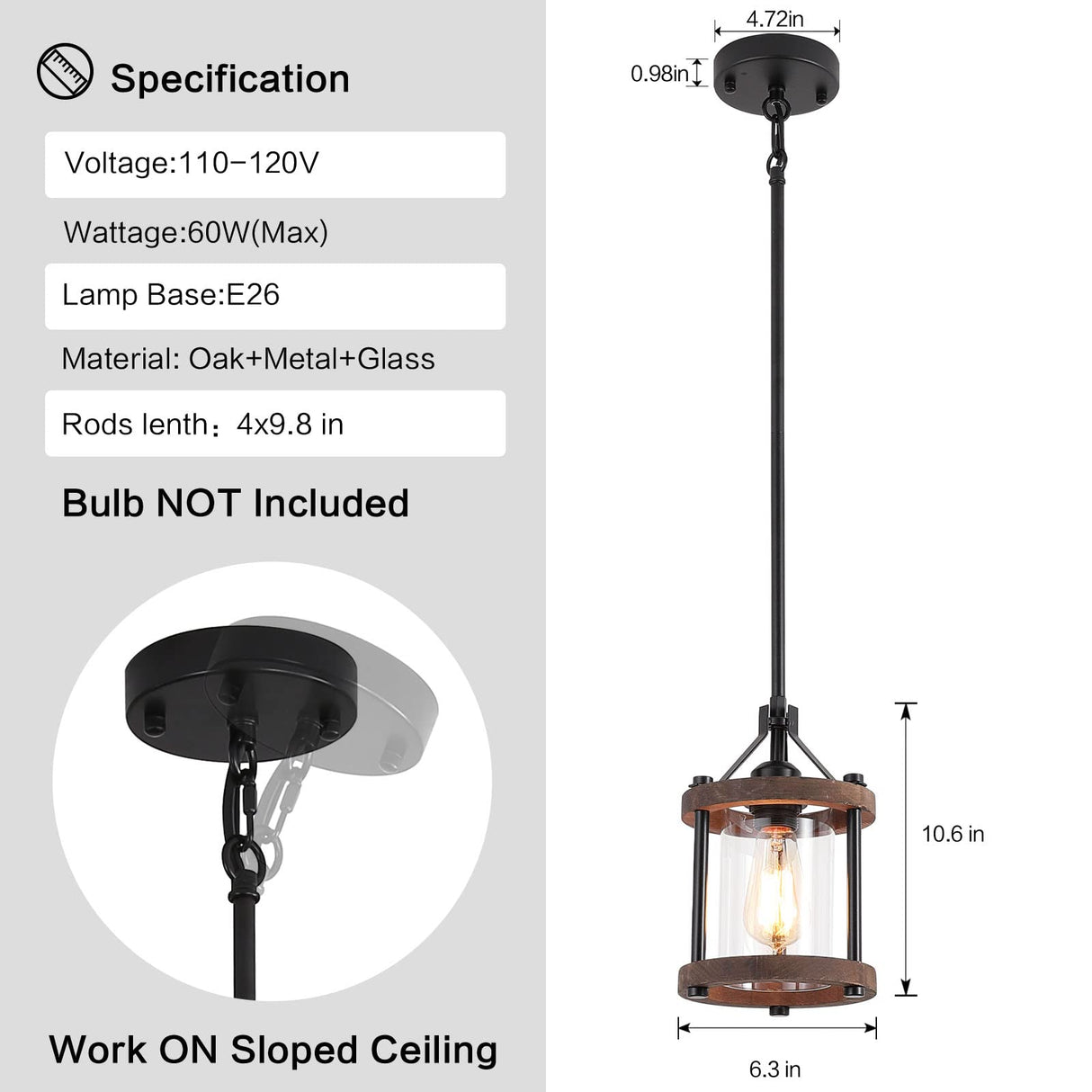 SGLfarmty Farmhouse Pendent Lights in Kitchen Island, Rustic Wood Pendant Light with Glass Shade, Bronze Entryway Pendant Lighting, Adjustable Glass Hanging Light Fixtures for Foyer, Sink, 1 Pack SGLfarmty