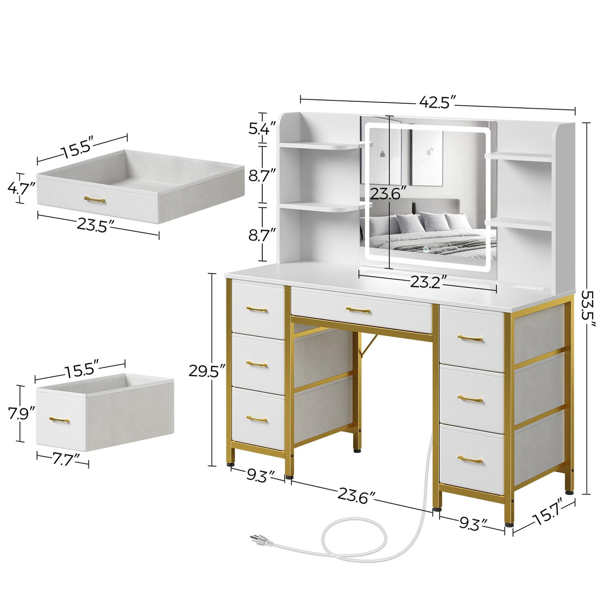 Rolanstar Vanity Desk with Lighted Mirror & Power Outlet, Makeup Vanity with 7 Fabric Drawers, 6 Storage Shelves & 3 Lighting Modes, Dressing Table for Bedroom, Girls, Women, White and Gold Rolanstar