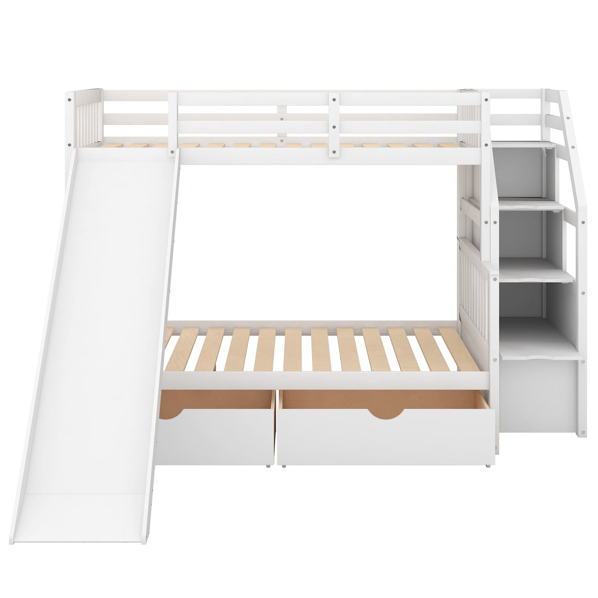 Twin Over Full Bunk Bed with Stairs, Slide & Storage Drawers in White Bellemave