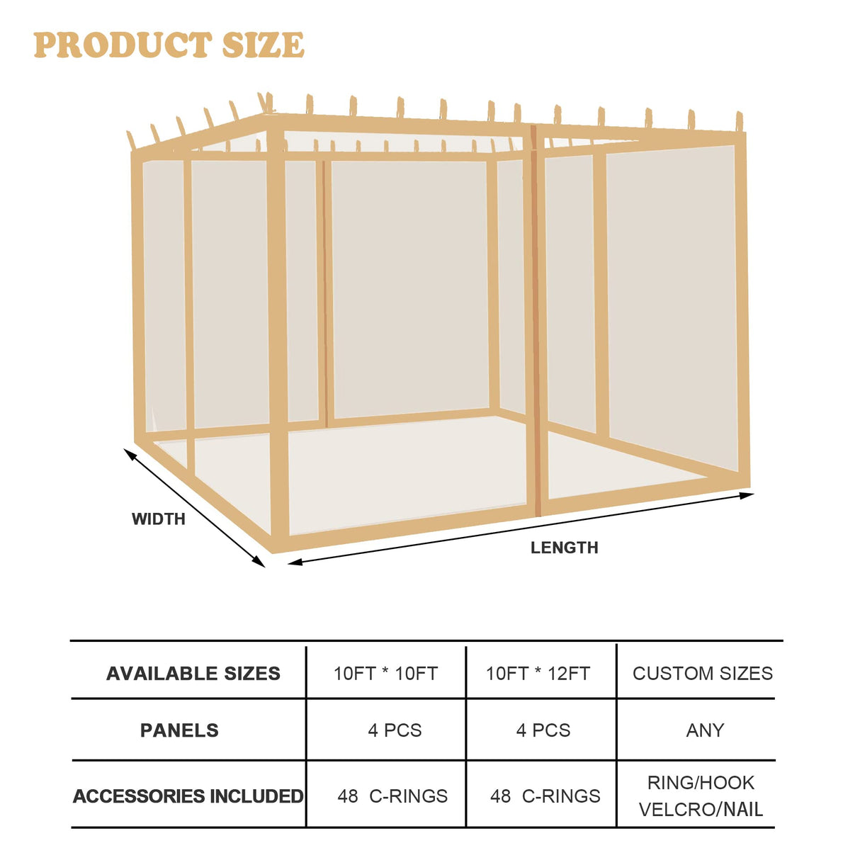 Coverify Replacement Gazebo Mosquito Netting 10x10FT, Universal Outdoor Pergola 4-Panel Patio Screen Walls with Zipper (Mosquito Netting ONLY, Brown) Coverify