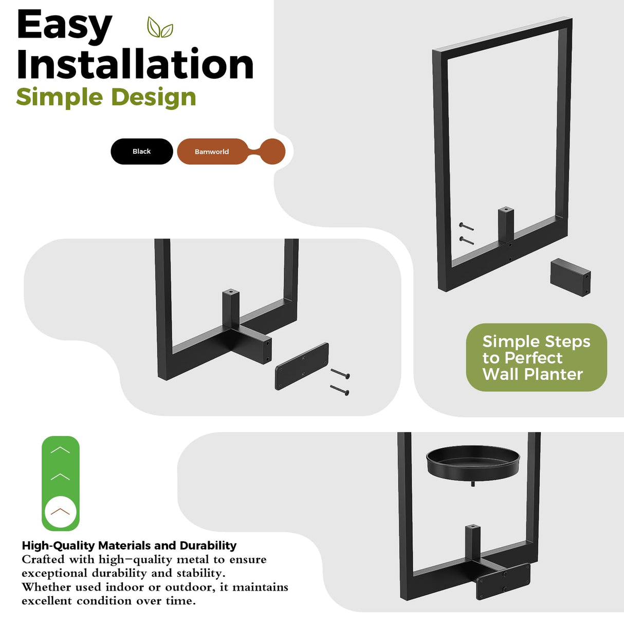 Bamworld Wall Planters for Indoor Plants Metal Wall Plant Holder Plant Hanger Wall Decor Wall-Mounted Wall Hanging Planters Outdoor Plant Rack Black 2 Pack (Patent Design) Bamworld
