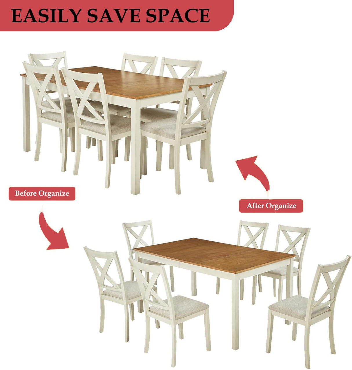 PLAUIN 7-Piece Farmhouse Dining Table Set with 6 Chairs - Solid Wood Kitchen Table Perfect for Small Space, Dining Room & Office, Rustic Cream PLAUIN