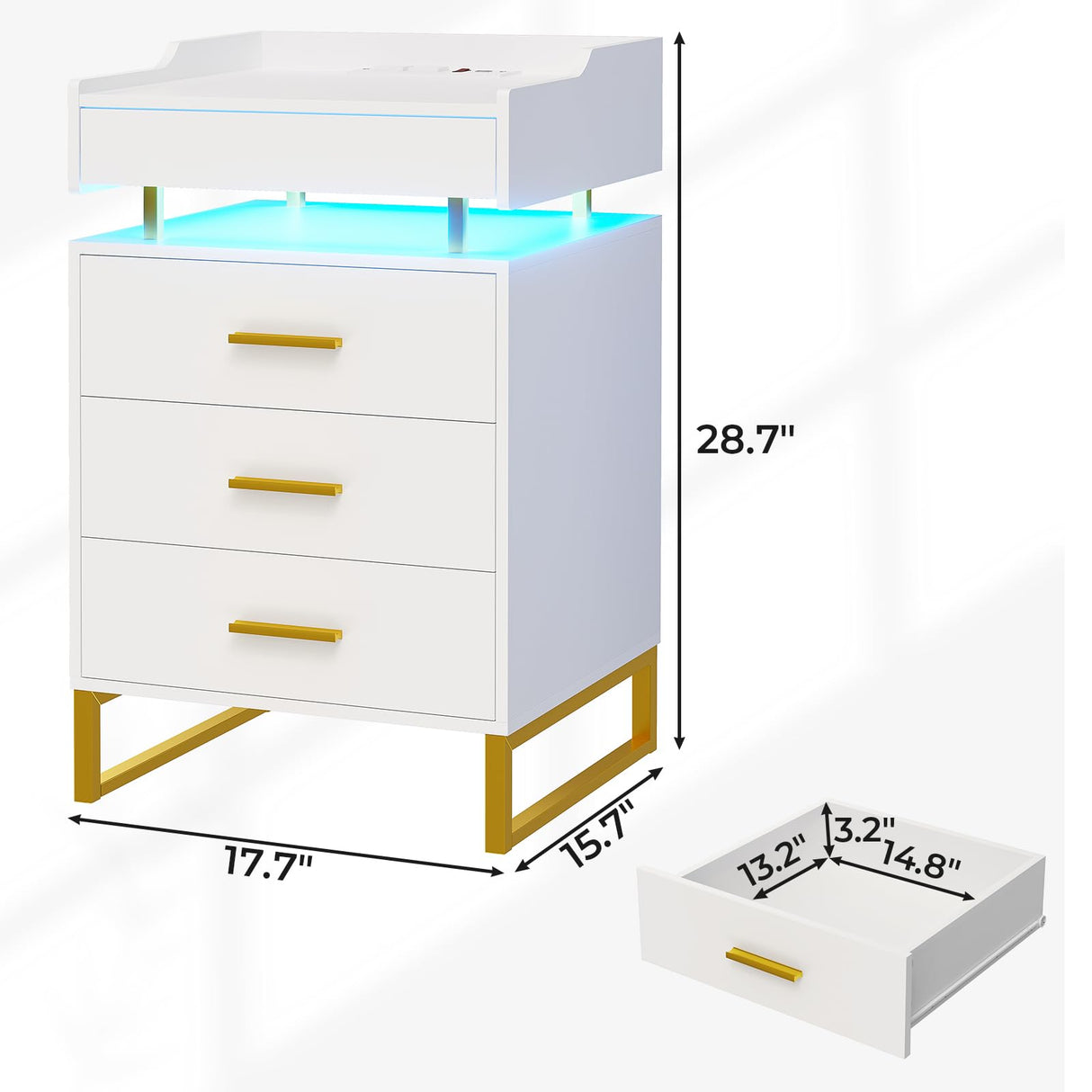 BTHFST LED Nightstand Set of 2 with Charging Station, Large Night Stand with 3 Drawers and 1 Pull-Out Tray, Modern Bedside Table with LED Lights, End Side Table with Storage, White and Gold BTHFST