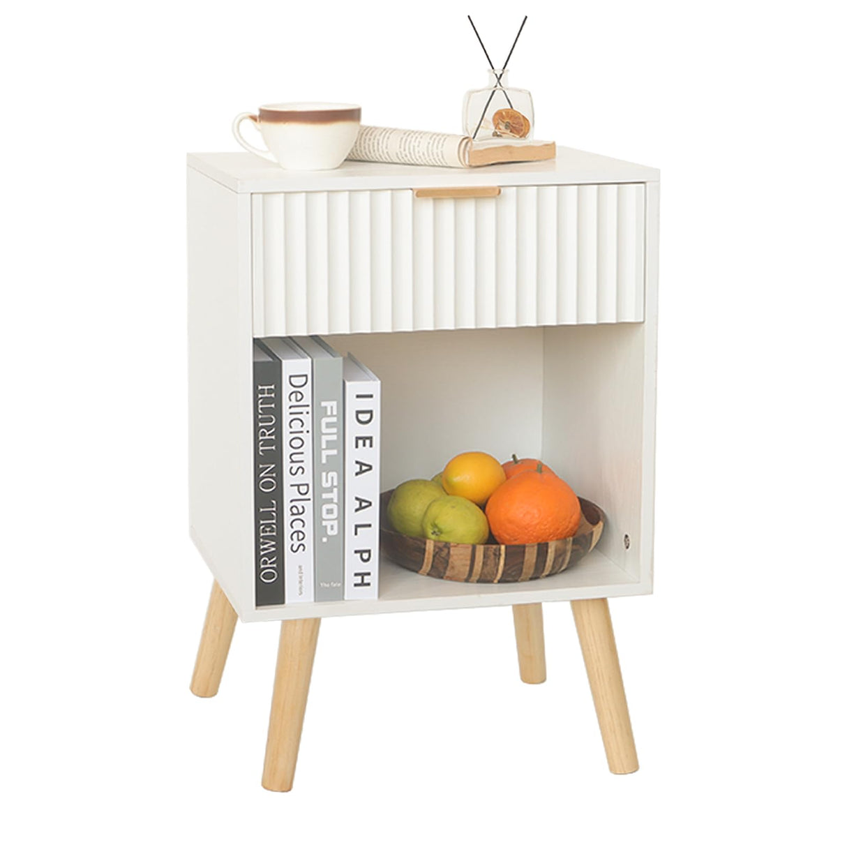 Fultyle White Nightstand, Modern Bedside Table with Drawer and Opening Storage, Fluted End Side Table Living Room with Solid Wood Legs for Bedroom (White) Fultyle