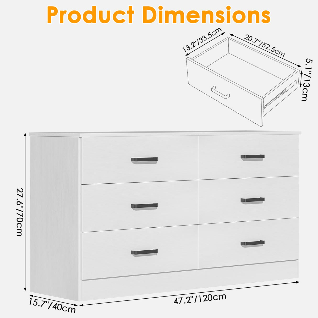 Bigbiglife Wood Dresser for Bedroom, 6 Drawer Double Dresser, Modern Chest of Drawers with Deep Drawers, Large Storage Organizer for Living Room, Closet,15.8" D x 47.2" W x 27.7" H (White) Bigbiglife