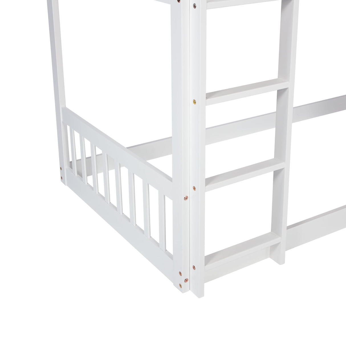 Twin Over Twin Floor Bunk Bed, Wooden Twin Loft Bed Frame with Climbing Ramp and Ladder, Heavy Duty Low Bunk Bed with Guardrail, Modern Twin Floor Bed for Teens and Adults, Space Saving, White Ziraukon