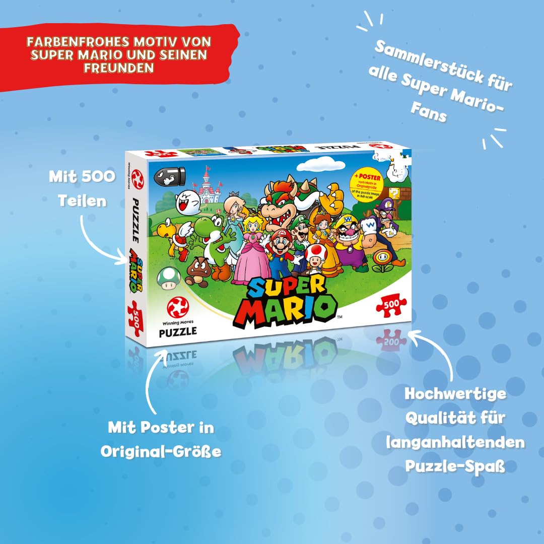 Winning Moves Super Mario and Friends 500 Piece Jigsaw Puzzle Game, Piece Together Mario, Luigi, Yoshi, Bowser and Toad, Gift and Toy for Ages 10 Plus Winning Moves