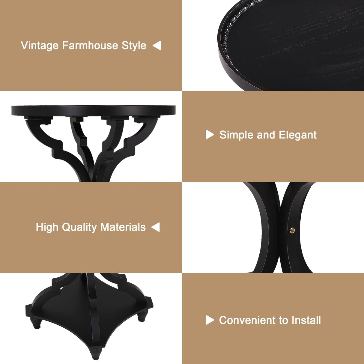 Wnutrees Farmhouse Round Accent End Table, Rustic Side Table Nightstands for Living Room Bedroom, Wood Tray Top, Handcrafted Finish, Set of 2, Black Wnutrees