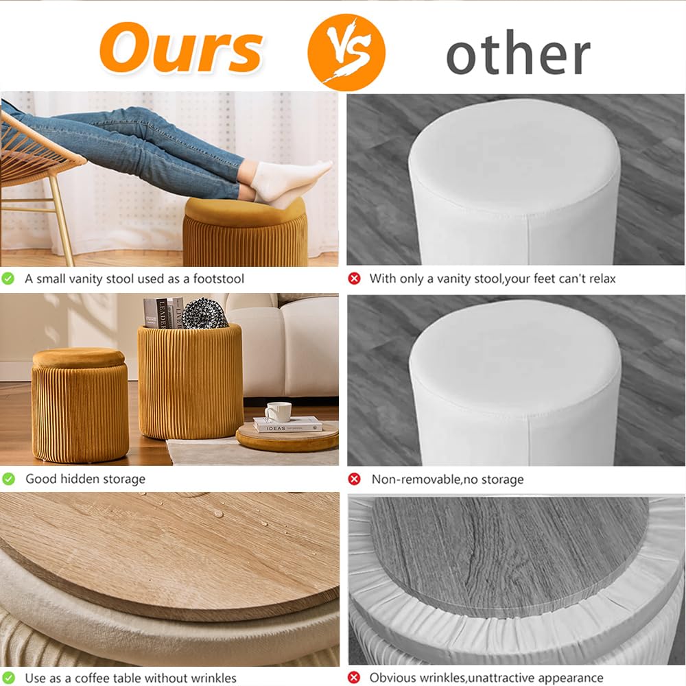 BLEXA Round Set of 2 Ottoman with Storage-Upholstered Velvet Vanity Stool for Makeup Multifunctional Ottomans Coffee Table Padded Seat Foot Rest for Living Room&Bedroom (Yellow) BLEXA
