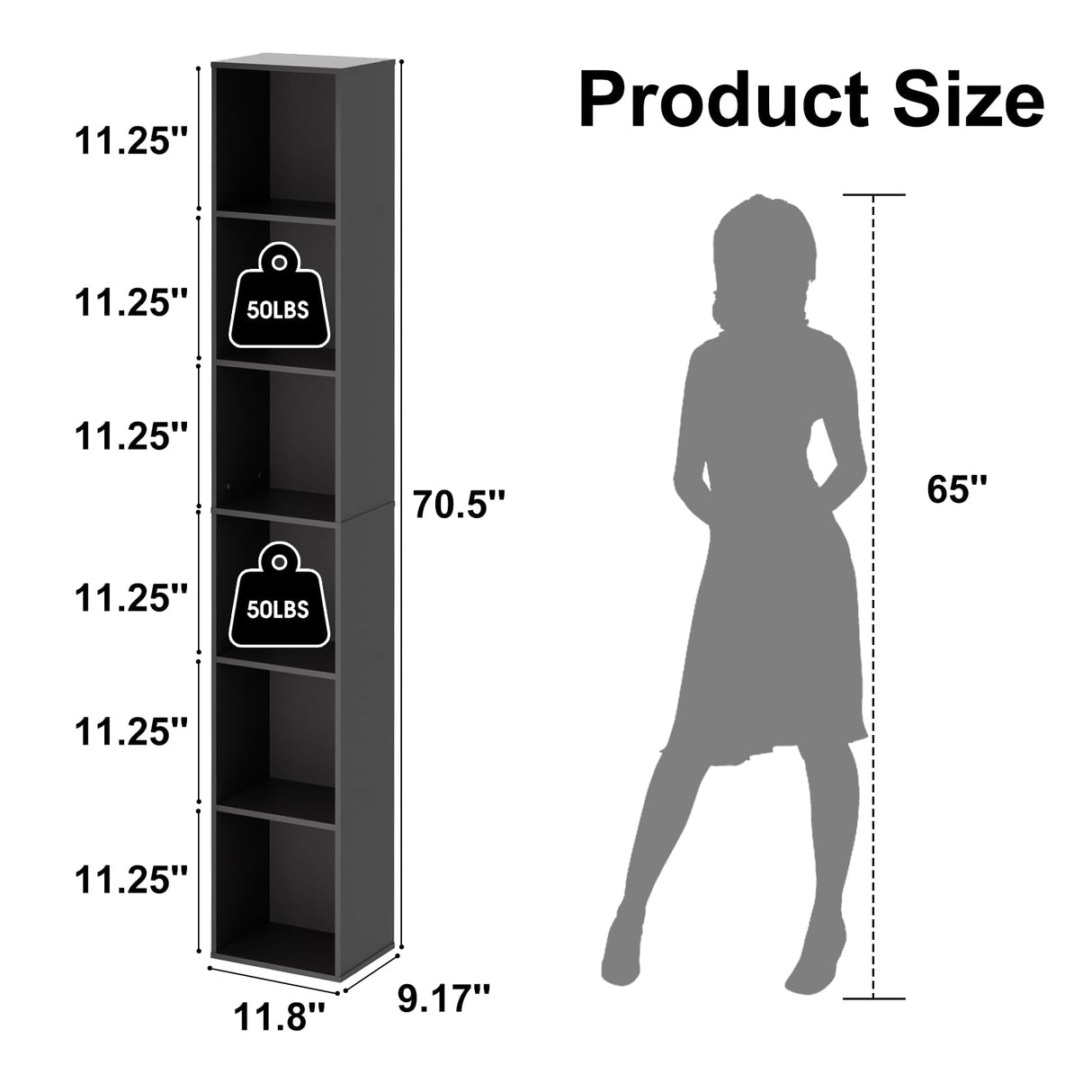 QieerHior Tall Narrow Bookshelf 6-Tier Bookcase,70.5" Skinny Thin Corner Shelf Slim Storage Cabinet,Wood DVD CD Media Cube Organizer Tower Rack for Small Spaces, Bedroom, Living Room, Office,Black QieerHior