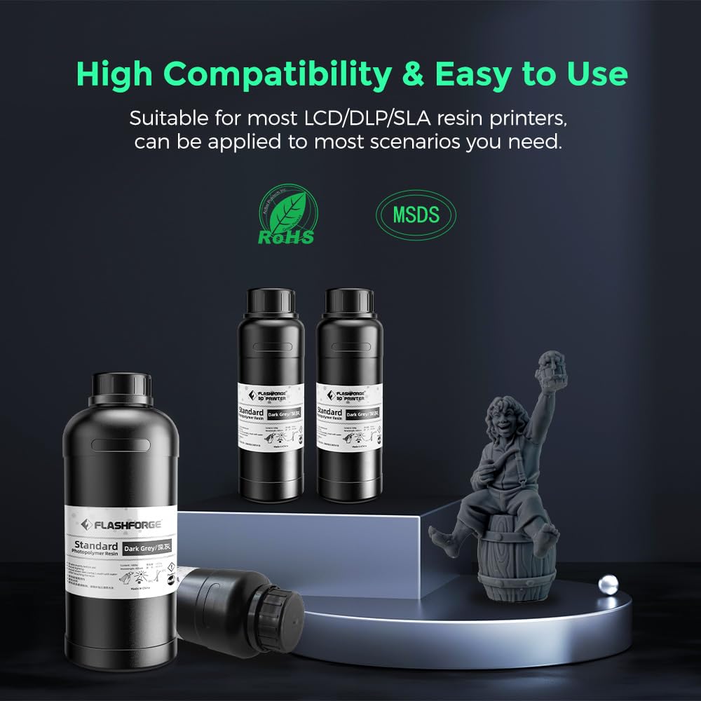 FLASHFORGE 3D Printer Resin, Fast Curing Standard 3D Resin High Precision & Excellent Fluidity with Low Odor, 405nm UV Curing 3D Printing Resin for LCD/DLP/SLA Resin 3D Printer (Dark Grey, 500G) FLASHFORGE