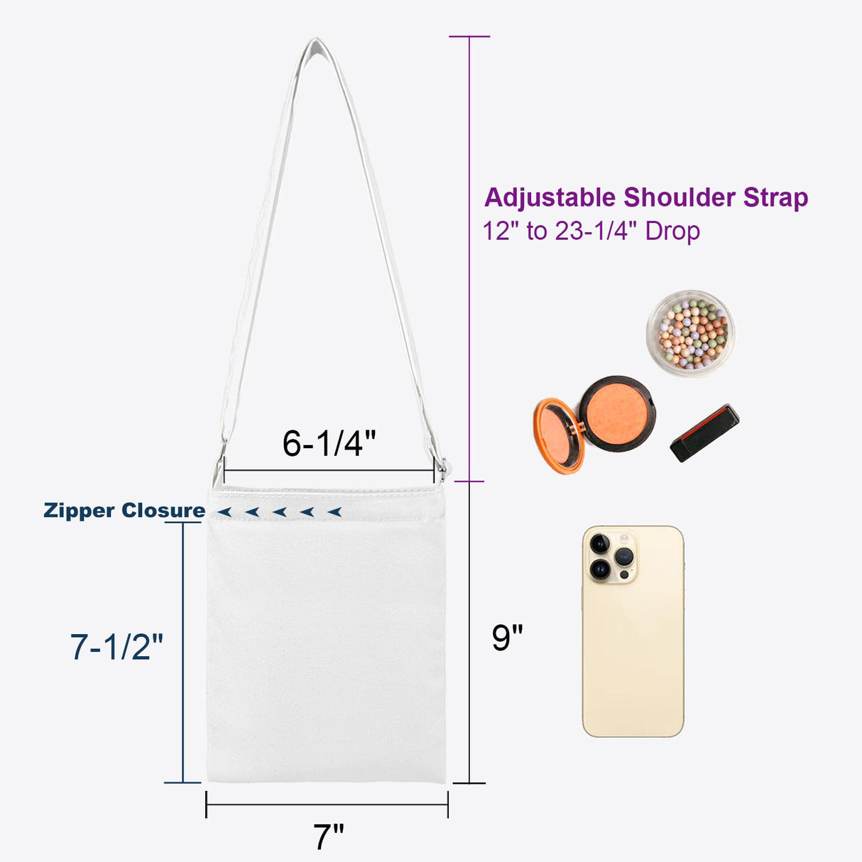 Muka 4 Pack Small Crossbody Canvas Zipper Bag, 7 x 9 Inch White Bag for DIY Craft Muka