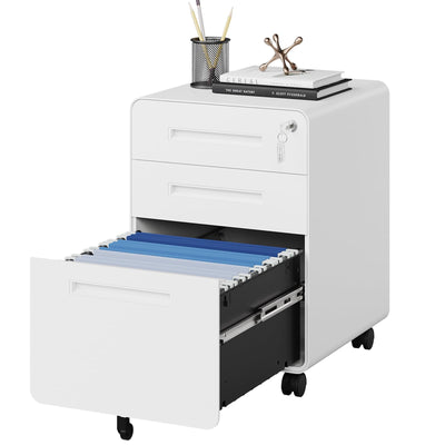 MIIIKO Mobile Filing Cabinet 3 Drawer, White Small File Cabinet with Lock Under Desk, Filing Cabinet for Home Office with Wheels, A4/Letter/Legal Hanging File Folders