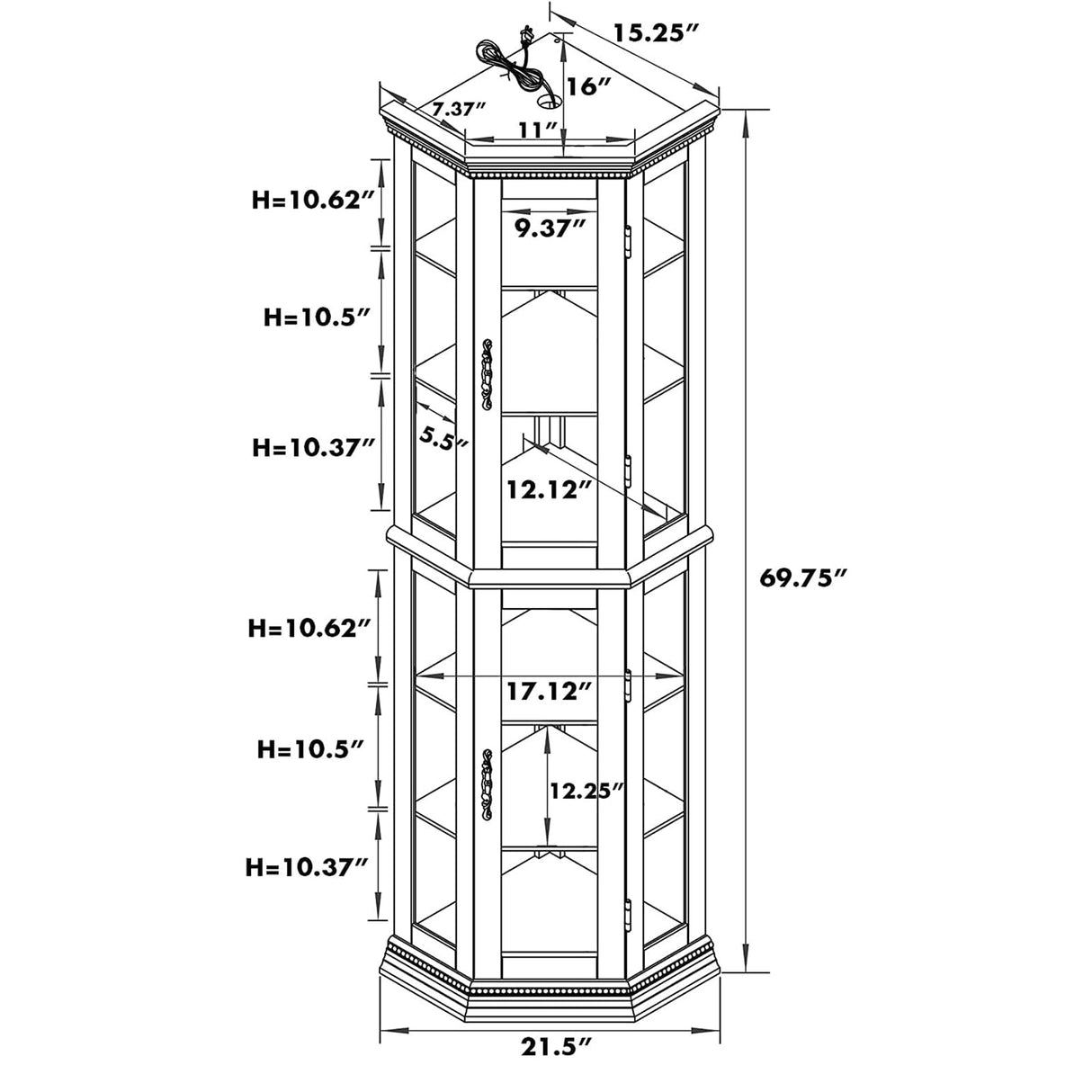 Goujxcy Lighted Corner Display Curio Cabinet Wooden Curved Shelving Unit with Adjustable Shelves and Mirrored Back Panel, Tempered Glass Doors for Bedroom, Living Room(Cherry, Corner Shape) Goujxcy