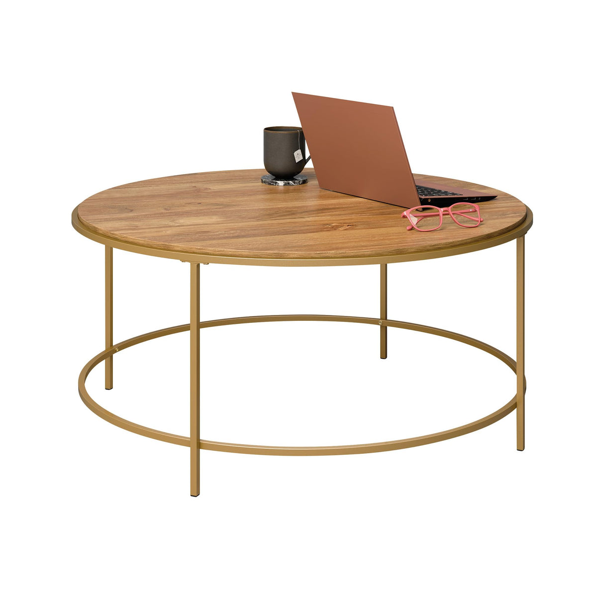 Sauder International Lux Coffee Table, Round Modern Coffee Table, Chic Satin Gold Frame - Sindoori Mango Finish Sauder