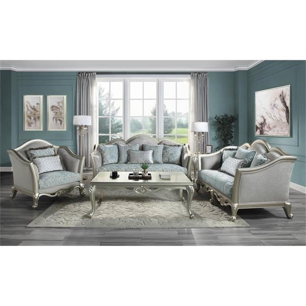Acme Qunsia Sofa with 5 Pillows in Light Gray Fabric and Champagne Acme