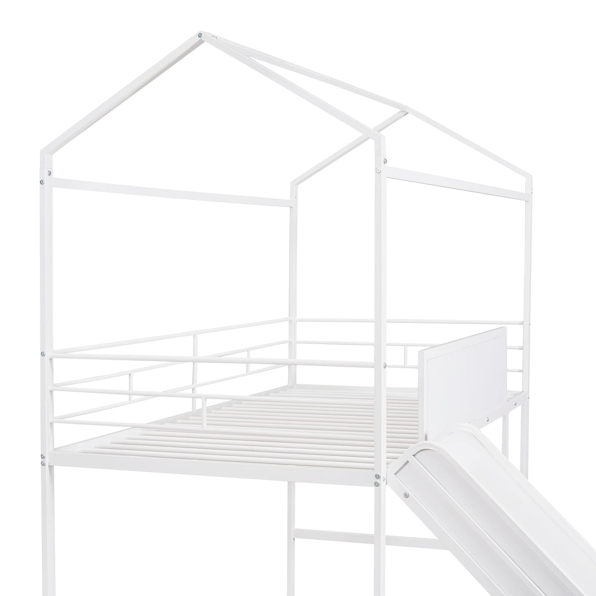 Twin House Loft Beds with Slide and Chalkboard, Low Loft Bed Twin Size, Metal House Bed with Guardrail and Ladder, Metal Twin Size Loft Bed for Kids Teens Girls Boys (Twin, White) Harper & Bright Designs