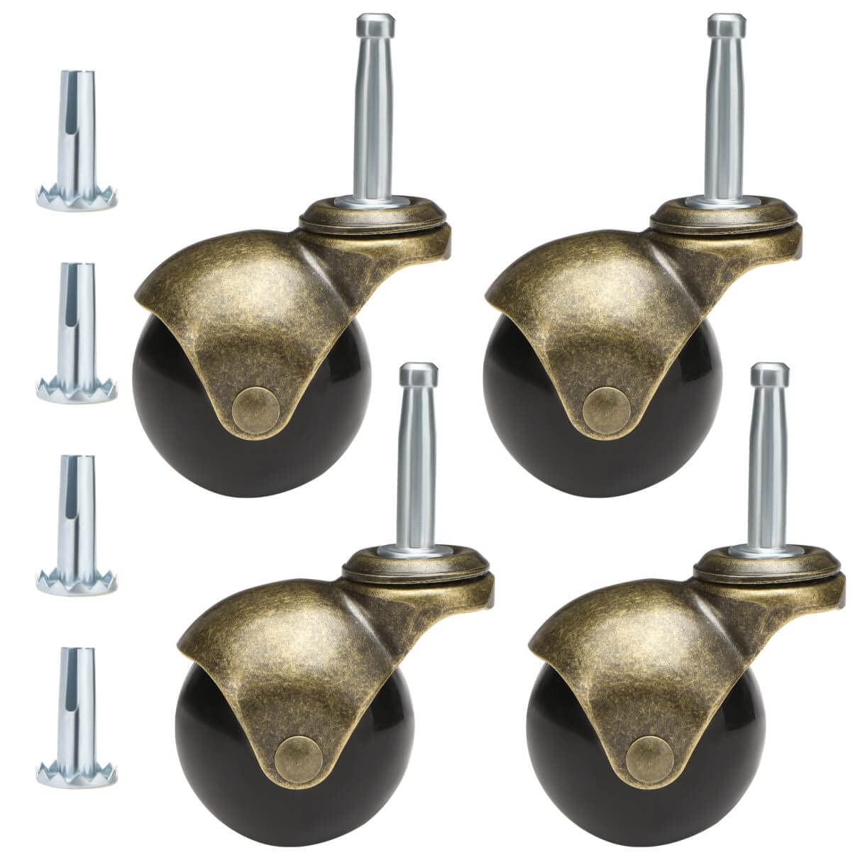 JGJC 2 inch Swivel Stem Ball Caster Wheels, Antique Furniture Casters Set of 4 with Socket, Solid Brass Casters with Stem (5/16" x 1-1/2"), Vintage Caster Wheels for Furniture, Table, Cabinet JGJC