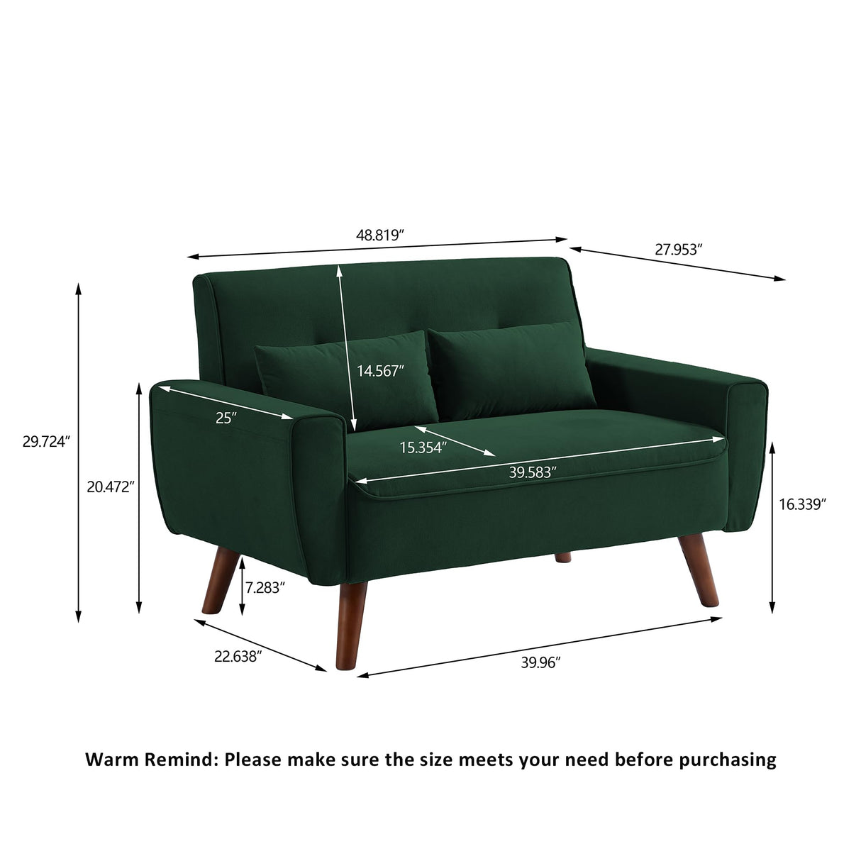 Jarenie 48" Loveseat Sofa, 2 Seater Love Seat Mid Century Modern Small Couches for Living Room Bedroom Apartment, 2 Throw Pillows and Wooden Legs, Green Jarenie
