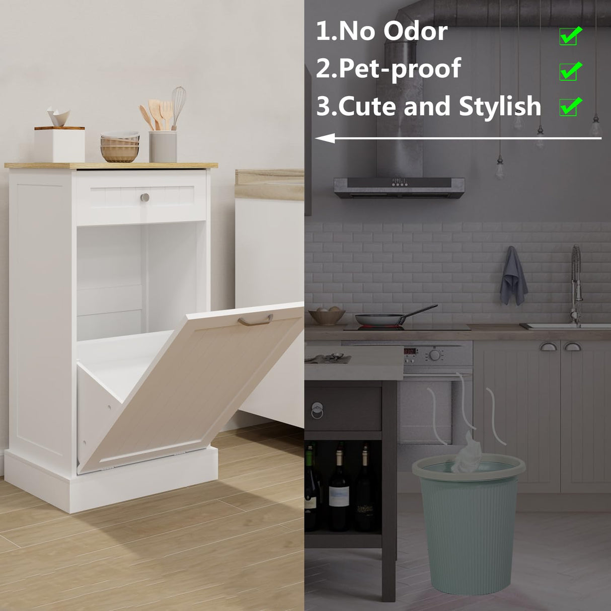 Bocarali Tilt Out Trash Cabinet, 10 Gallon Freestanding Wooden Kitchen Trash Recycling Sorter Cabinet with 2 Drawer, Tilt Out Trash Can Bin Garbage Laundry Cabinet for Living Room, White Bocarali