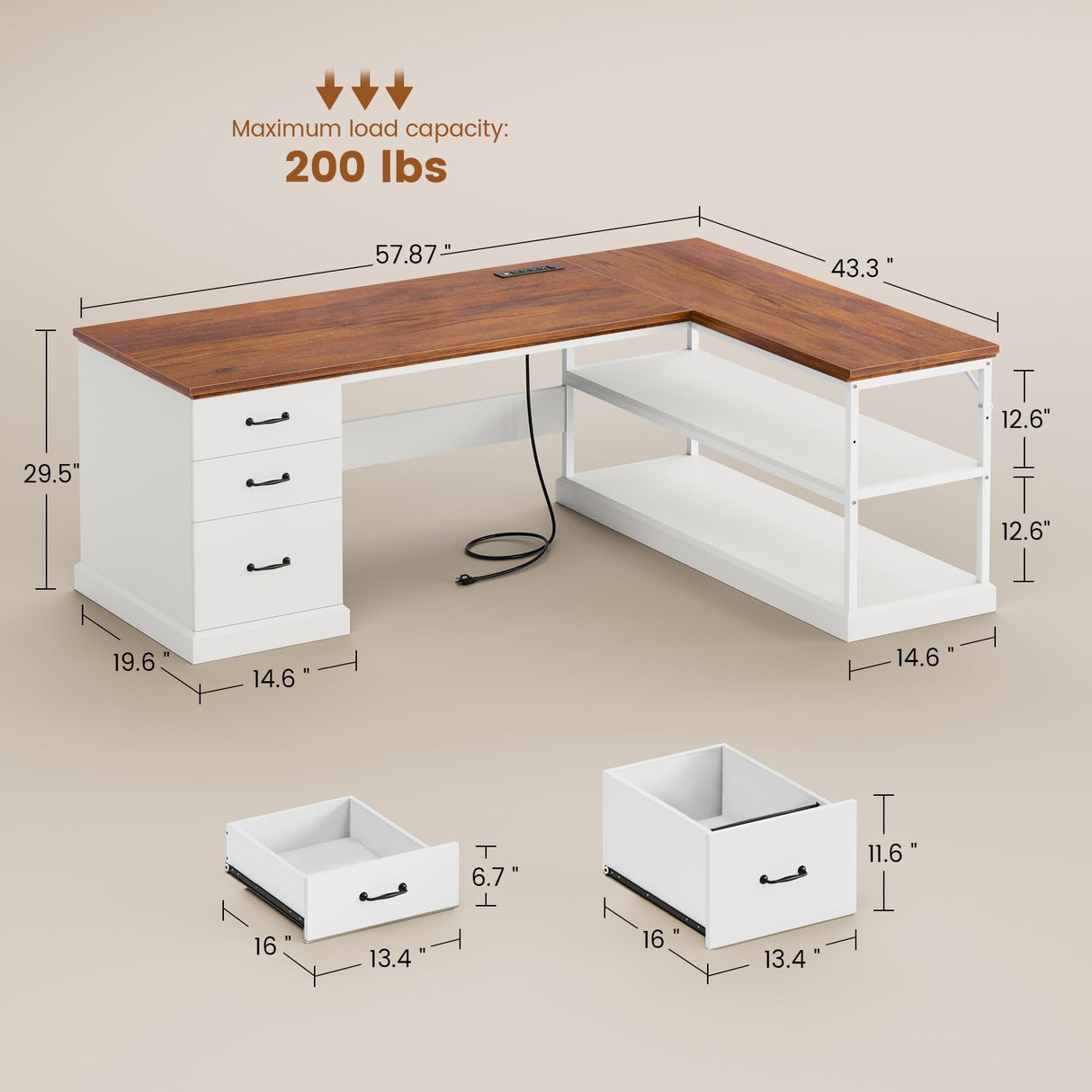 SEDETA L Shaped Desk, Farmhouse Desk with Drawers and Storage Shelves, Executive Home Office Desk with Power Outlet, File Cabinet Storage, Wood Corner Computer Desk, White SEDETA