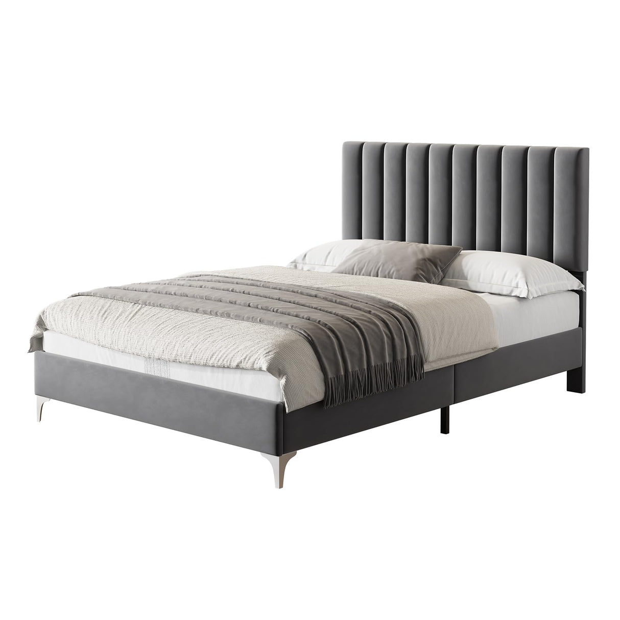 IDEALHOUSE Full Size Bed Frame with Adjustable Headboard, Velvet Upholstered Platform Bed Frame with Strong Wooden Slats, Non-Slip and Noise-Free, No Box Spring Needed, Easy Assembly, Grey IDEALHOUSE