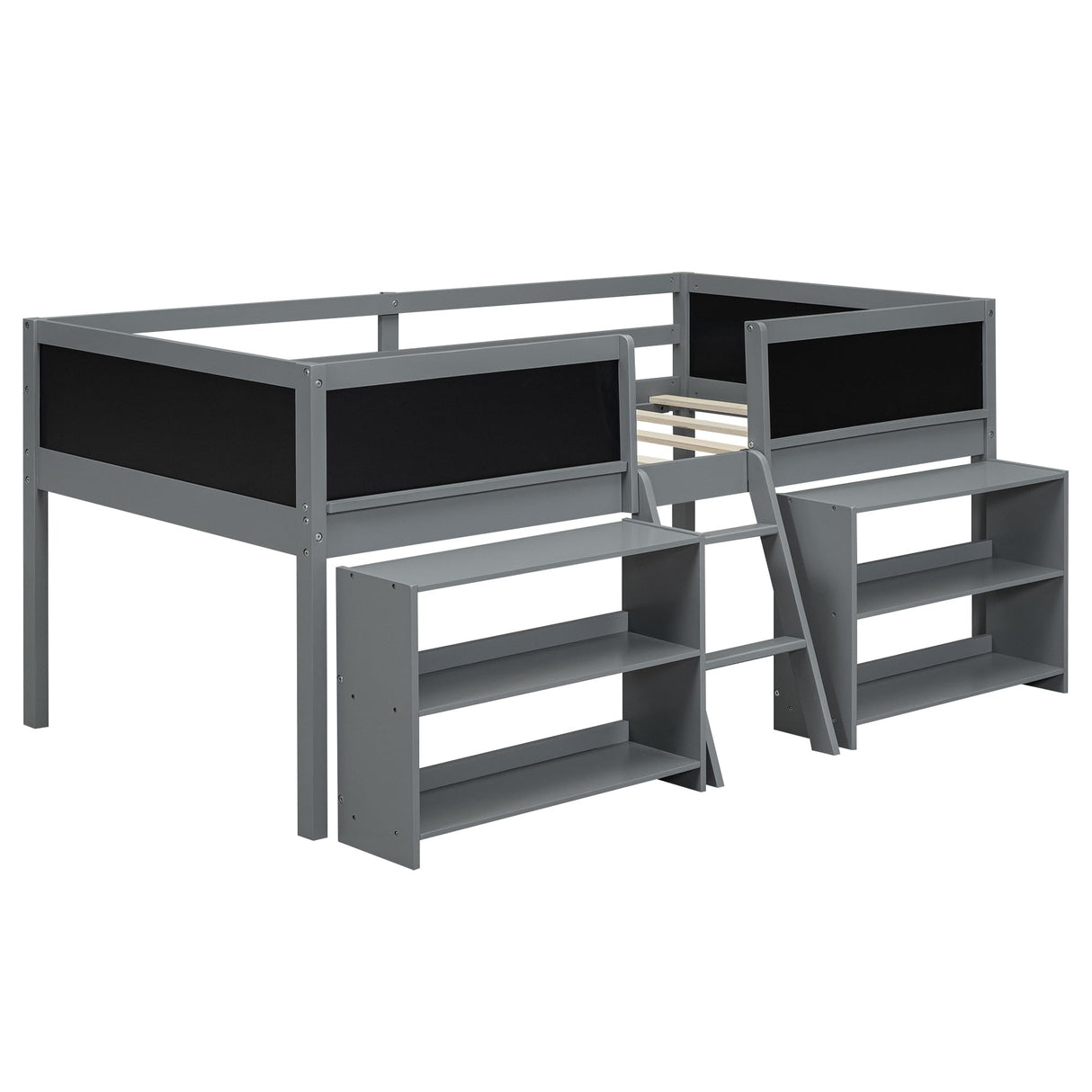 SOFTSEA Twin Size Low Loft Bed with Movable Shelves, Chalkboard, and Guardrail in Grey SOFTSEA