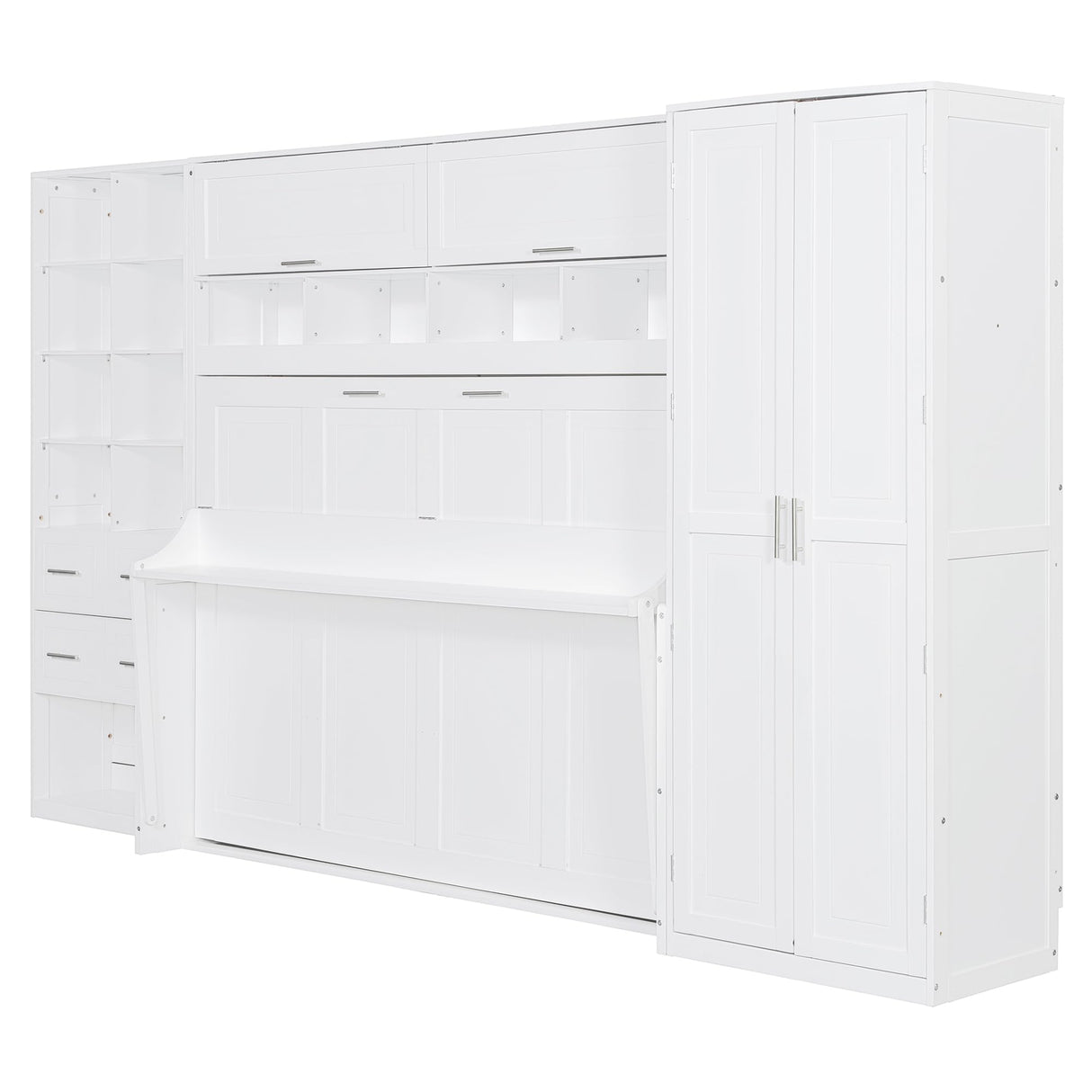 SOFTSEA Full Size Murphy Bed with Desk, Horizontal Murphy Bed with Storage Wardrobe Drawers and Shelves, Hidden Wall Bedframe for Guest Room, Bedroom, Office, White SOFTSEA